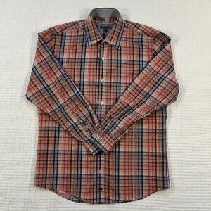 Johnston & Murphy Tailored Fit Button Down Shirt Blue Orange Plaid Men's M